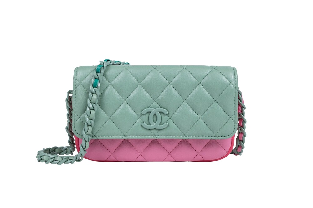 Chanel Pink Green Camera Bag Quilted Lambskin Gold Hardware Small